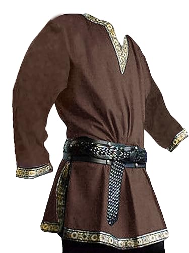 Runcati Męski średniowieczny kostium renesansowy pirat Halloween wiking tunika rycerz cosplay wojownik LARP koszula, Brązowy, XL