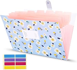 KONVINIT Expanding File Folder A4 Letter Size 8 Pockets Floral Printed Accordion Document Organizer with Snap Button,Blue Cover