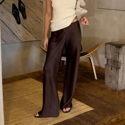 Women Y2K Satin Wide Leg Pants Elastic Waist Solid Color Silk Wide Leg Lounge Pants Office Ladies Work Trousers2