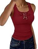 Totatuit Camiseta Mujer Verano sin Mangas Cuello U Ajustado con lacitos y diseño côtelé Ideal para un Look cómodo y Femenino Rojo，XS