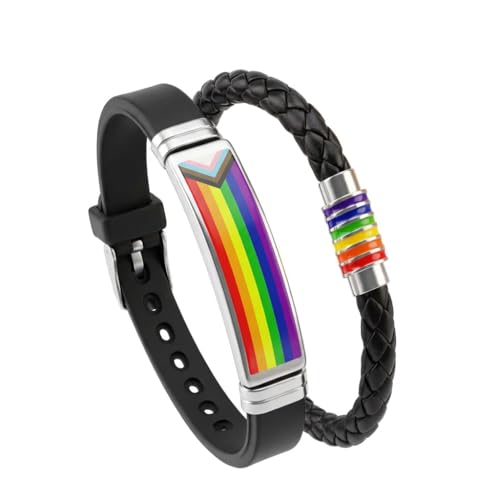 Pride Bracelets 2 PCS Rainbow Bracelet Made with Durable PU Leather and Stainless Steel Pride Wristbands Perfect for Gay LGBTQ Gifts