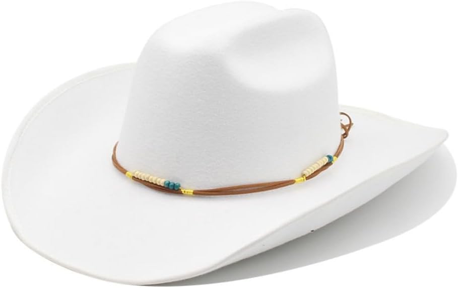 Western Cowboy Hat, White Felt with Leather Band, One Size Fits Most
