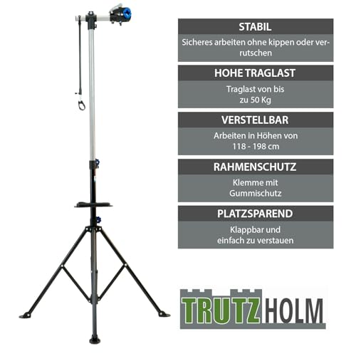 TRUTZHOLM Fahrradmontageständer 360° drehbar höhenverstellbar 50 kg Traglast Stahl mit magnetischer Werkzeugablage schwarz für Fahrräder Mountainbikes E-Bikes