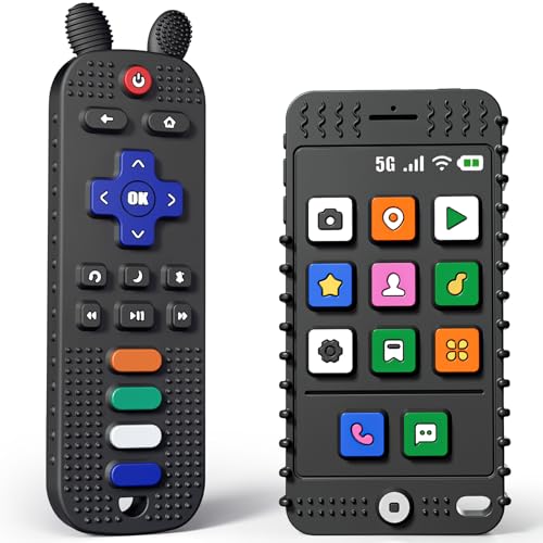 Image of FFTROC TV Remote Control and Phone Shape Baby Teething Toys for 6-12 Months - Sensory Chew Teethers for Boys Girls Toddlers Infant - Black