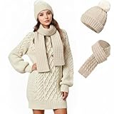 Cutecrop 3 Pcs Winter Women Long Sleeve Oversized Cable Knit Sweater Dress 2025 Winter Chunky Pullover Beanie Hat Scarf(Beige,S)