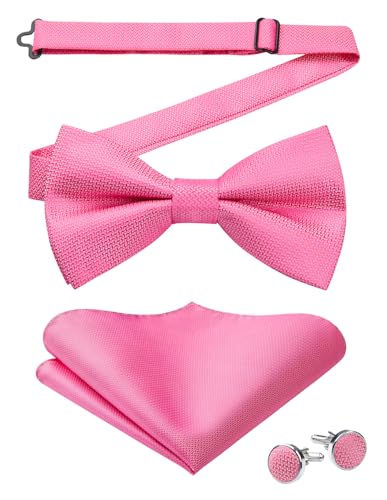 Image of HISDERN Mens Plaid Bow Tie Set Pocket Square and Cufflinks Bowtie | Pretied Bowties Design for Easy Wear,Check Pattern,Matching Handkerchief Cuff Link,3PCS Set Wedding Formal Party Groom Prom