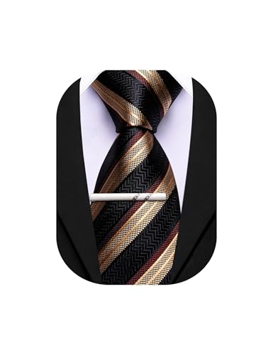 Image of Barry.Wang Silk Men Ties Formal Stripes Necktie and Tie Clip for Wedding Party Business Fashion Classic