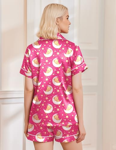 Image of Ekouaer Silk Pajamas for Women Funny Teddy Sleepwear Comfy Short Sleeve Button Down Loungewear Satin Pjs Shorts Set,Rose,S