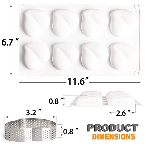Fangsun Tart Ring & Silicone Mold, Stainless Steel Heat-Resistant Perforated Cake Mousse Ring, 8 Cavities Heart Dessert Mold Tray, Set Of 3 #TOP3