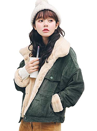 CHARTOU Women Winter Thicked Sherpa Lined Relaxed Fit Corduroy Trucker Jacket Coat (Small, Green)