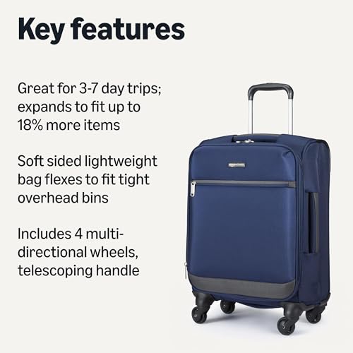 Image of Amazon Basics 18 inch Medium Carry-On Softside Expandable Luggage Suitcase with Wheels, Four 360-Degree Spinner Wheels, Zippered Pockets, Telescopic Handle, Navy Blue