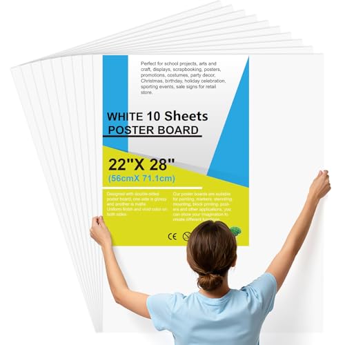 Image of 10 Pcs Poster Board 22 inch x 28 inch White Poster Paper Bulk, ROOKEA 250 GSM Vision Board for School Arts Craft Projects Presentations Drawing Scrapbooking Blank Graphic Display Office Supplies
