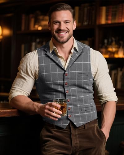 Men's Wool Tweed Vest Big and Tall Herringbone Plaid Waistcoat2