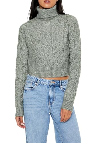 Forever 21 Women's Cropped Cable Knit Turtleneck Sweater Sea Green
