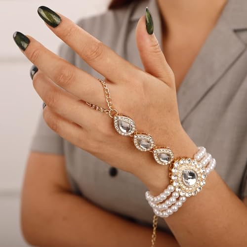 Denifery Vintage 1920S Flapper Pearl Bracelet Rhinestone Finger Ring Link Bracelet Stretch Adjustable Hand Chain for Wedding Brides2