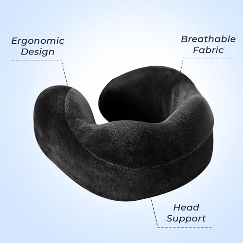 Image of Rover Travel Neck Pillow - Soft Fiber Filled with Snap Button, Plush Fabric, Neck Support for Flight, Bus, Car, Pain Relief (Black)