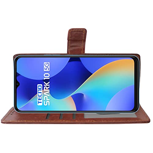 Image of Amazon Brand - Solimo Flip Leather Mobile Cover (Soft, Flexible & Kickstand Back case) Compatible for Tecno Spark 10 5G (Brown)