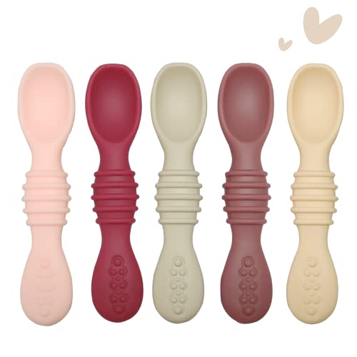Image of Jocate Silicone Baby Spoons First Stage Set - 4.5 Inch Self Feeding Spoons for Babies and Toddlers - Food Safe BPA Free Silicone - Dishwasher and Microwave Safe - Set of 5 (The Pastels)