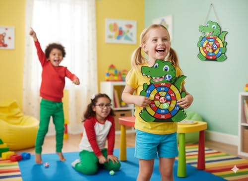 ZAIN Kids Dart Board Set, 1 Crocodile Target Board with 9 Sticky Balls, Polyester, Green, 30 x 43 cm, 60g, Crocodile Shape, 0.5 cm Thick