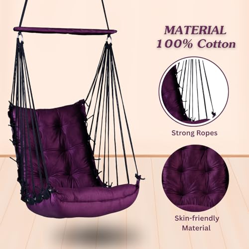 Image of Curio Centre Cotton Swinging Hammock Hanging Swing Chair /Hammock Swing for Adults & Kids /Swing for Indoor Outdoor, Garden & Patio /Durable Portable Jhula /Swing for Home - Purple