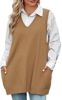 Niwicee Womens Sweater Vest Loose Knitted Sleeveless Jumpers Tank Top Knitwear V-Neck Vintage Knit Pullover Waistcoat with 2 Pockets