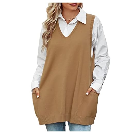 Niwicee Chaleco Jersey de Punto Mujer Suéter sin Mangas Punto Jerséis Tank Tops Casual Knitwear Vintage de Cuello V Pullover Vest con 2 Bolsillos para Otoño Invierno(Caqui,L)
