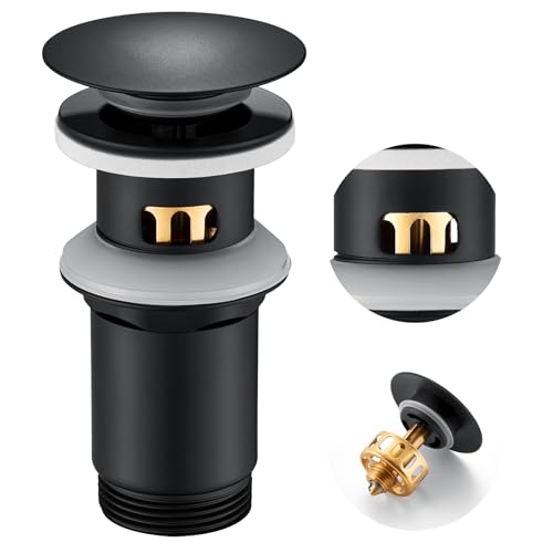 Kit de Desagüe Universal de Acero Inoxidable Auralum, Click Clack Tapon Lavabo con Cesta de Latón para Filtro, Pop Up Valvula Lavabo con Rebosadero, Tapón de Desagüe Negro para Lavabos