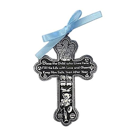 Bless The Child - GUARDIAN ANGEL Baby BOY Crib Cross PEWTER Medal/CHRISTENING/BABY SHOWER GIFT/Baptism KEEPSAKE/with BLUE RIBBON/GIFT BOXED
