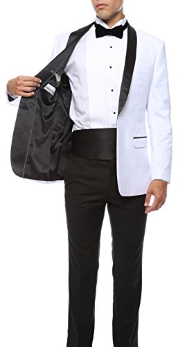 Ferrecci Men's Reno White/Black Slim Fit Shawl Lapel Collar 2 Piece Tuxedo Suit Set - Tux Blazer Jacket And Pants (46 Long) #TOP1