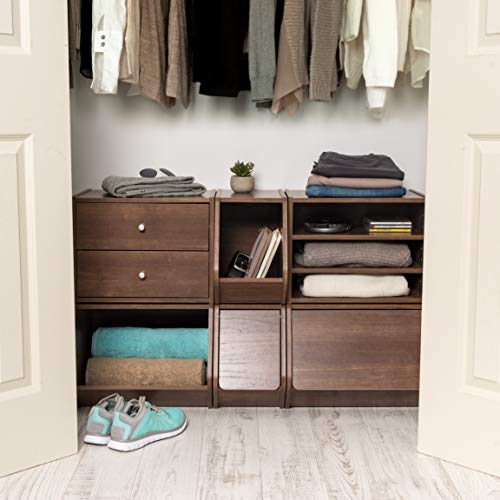Image of IRIS USA 2-Drawer Modular Wood Stacking Storage Box, for Office Closet and Nightstand, Easy Assembly, Stacking Storage Boxes, Walnut
