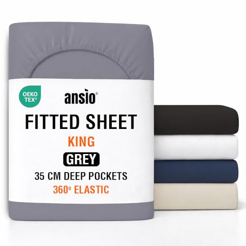 ANSIO King Size Fitted Sheet Soft Brushed Microfibre Fabric Extra Deep Pocket 35cm All-Around Elastic OEKO-TEX Certified Easy Care & Naturally Smooth After Wash - Grey