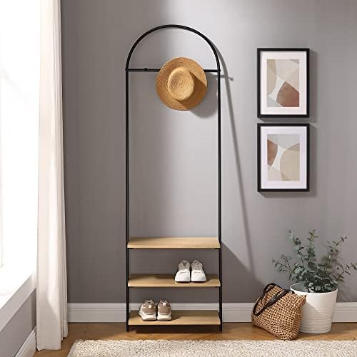 URBNLIVING 2 in 1 Wood and Metal Clothes Rack Industrial Shoe Bench Storage Shelf With 6 Hooks for Entryway Bedroom Hats Scarves Coats Organiser (Oak and Black)