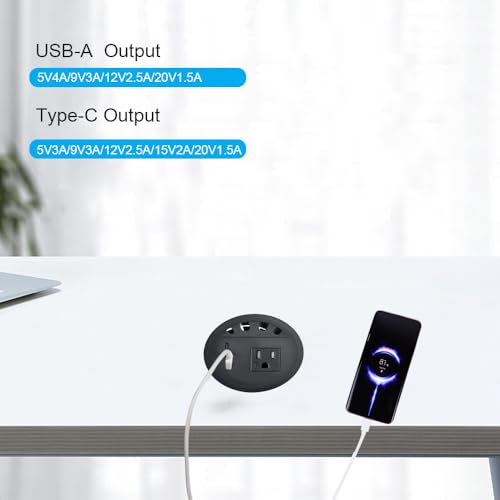 Image of Recessed Power Grommet, with 33W Fast Charging USB-A+C, with 1 AC Power Outlet and 4.5FT Extension Cord Recessed Power Outlet for Conference Rooms, Office Tables, Furniture (black2)
