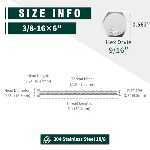 Image of (5 Sets) 3 /8-16 x 6 Hex Bolt and Nut Kit, 304 Stainless Steel (18-8), Fully Threaded, Flat & Lock Washers Included