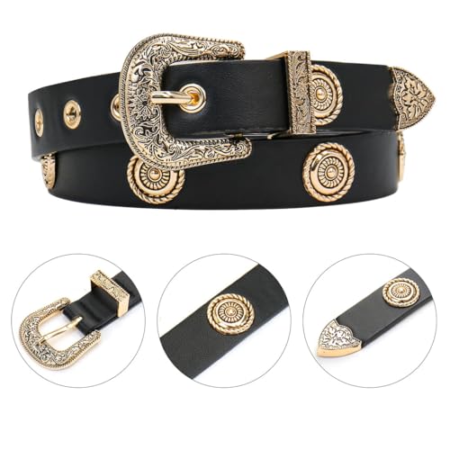 Women’S Studded PU Leather Belt Western Punk Style 2.3Cm Wide Casual Waistband For Dresses Pants Jeans3