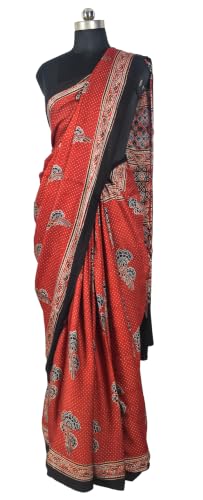 Image of Ethnics of Kutch Womenss Ajrakh Modal Silk Natural Dye Hand Block Print Saree with Blouse Piece - 5.5 Mtr Length