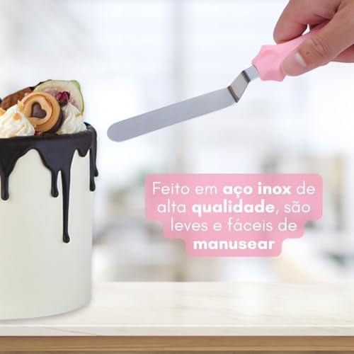Kit 3 Espátulas Para Confeitaria Ganache Decoração de Bolo Alisar Quinar Em Inox (Rosa)
