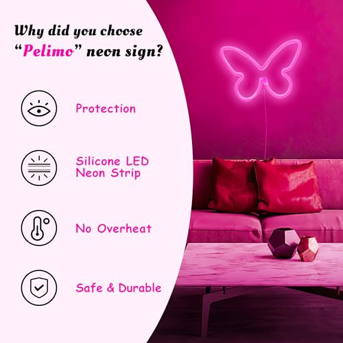 Image of Butterfly Neon Signs LED Light 3-AA Battery Powered, USB Operated Wall Neon Light Decor Butterfly Neon Wall Art for Bedroom Wedding Birthday Party Home Decor (Pink)