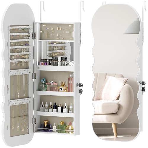 HOMCOM Espejo Joyero con Luz LED de 3 Colores, Armario Joyero Montado en la Pared o en la Puerta, Armario para Joyas con Cerradura, Espejo Entero, Diseño Ondulado, Blanco