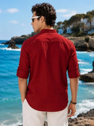 Image of Majestic Man Men's Pure Cotton Solid Mandarin Collar Slim Fit Roll-Up Sleeves Short Kurta Lightweight Summer Kurta for Daily & Occasion Use