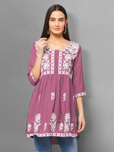 Image of Winza Designer Rayon Chikankari Embroidered Short Kurti | Plus Size Kurta Tunic Top