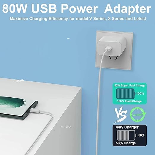 Image of Vivo Original 80W Flash Charger with USB to Type C Cable Compatible with Vivo V70FE, V70 Elite, V70, V60e, V50, V40e, Y05, 31 Pro, Y51, Y11, Y21, X200, X300 Pro, T5X, T4 Pro, T3, Y29, Y300, V29, V29e