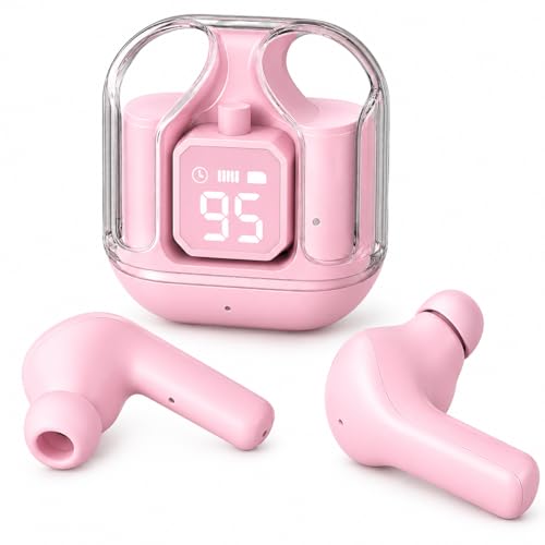 Image of TWS Wireless Earbuds Bluetooth Headphones with LED Battery Display | Noise Isolating Earphones with Touch Controls, Built-in Microphone & Portable Charging Case for Smartphones (Pink)