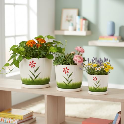 Image of Xtore Vibrant Floral Ceramic Planter Set with Drainage Saucers | Decorative Indoor Flower Pots for Living Room, Balcony, Office Desk & Tabletop Plant Display (Set of 3, White & Green - Planters only)