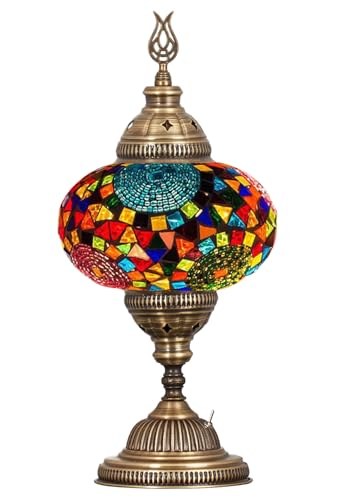DEMMEX Battery-Operated Turkish Moroccan Mosaic Table Lamp, Portable Stained Glass Lamp for Indoor & Outdoor Use, Cordless Handmade Decorative Light for Balcony, Patio & Camping – 30 cm H (Multicolor)