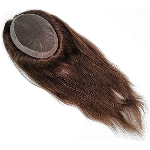 AIRAO Swiss Lace PU Thin Skin Around Men Toupee with Human Hair Piece System Size 7"×9" Hair Length 20 Inch Dark Browk 2# Cover