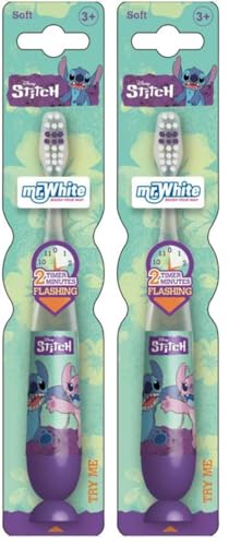 Disney Stitch - Spazzolino da denti lampeggiante per bambini, con luce lampeggiante di 2 minuti, impugnatura comoda, setole morbide arrotondate e ventosa per riporre in posizione verticale, per