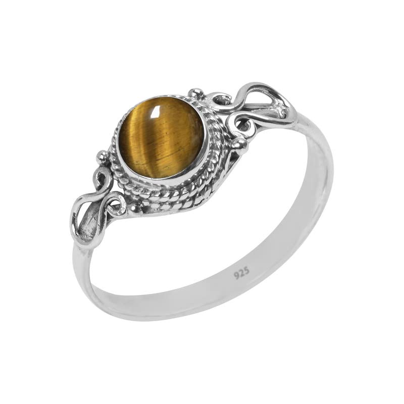 Tiger Eye Stone Ring, Handmade 925 Sterling Silver Rings for Women Girls, Natural Gemstone Ring US size 12 Solitaire Ring, Round Stone Ring, Minimalist Birthstone Gift Jewelry for her