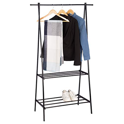eSituro Perchero de Pie Perchero con Banqueta Almacenaje Multiusos de Entrada con 2 Estantes para Ropa Zapatos, Roble, Bolsos, Tubos de Metal Negro SGR0053
