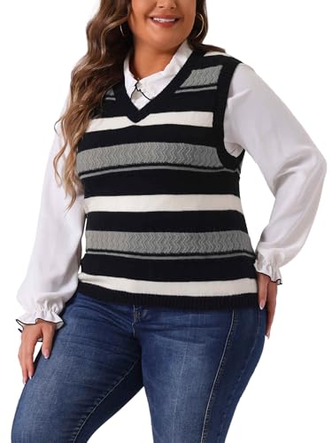 Image of Agnes Orinda Plus Size Sweaters for Women Sleeveless V Neck Striped Knit Casual Pullover Sweater Vests